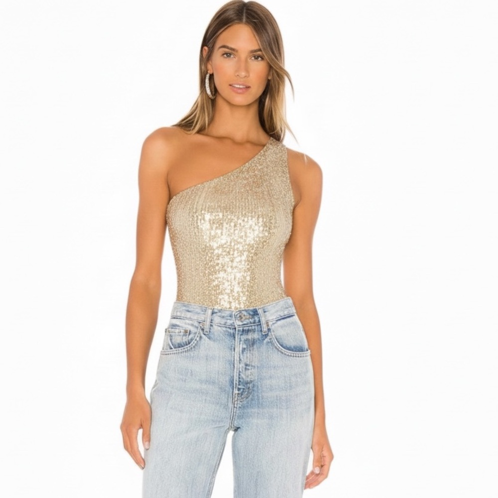 Superdown Remi One Shoulder Bodysuit Gold Sequins Button Snap Size XS